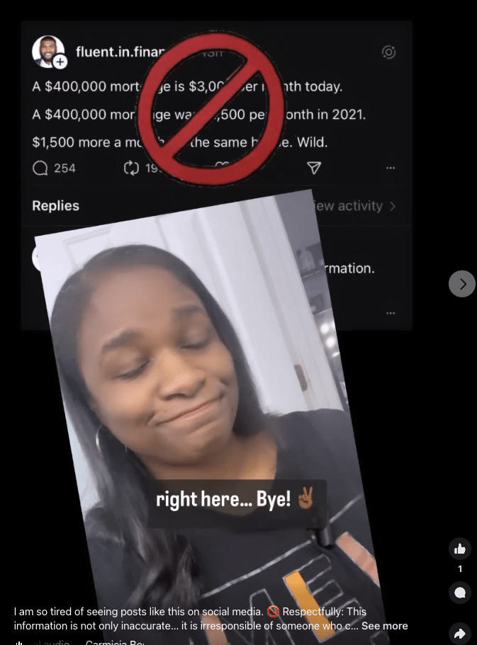Screenshot of a video from Facebook of a woman talking about a post which is shown in the background of the video. There's a big null sign over the post in red and the text overlay says, "Right here...bye!"